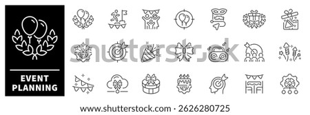 Event planning vector icons. Event planning thin line icons collection. Management, registration, coordination, entertainment, organization, promotion, celebration, party, birthday, event