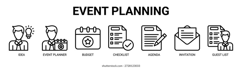 Event Planning Webbanner Symbol Vektorgrafik-Konzept mit Icon der Idee, Veranstaltungsplaner, Budget, Checkliste, Agenda, Einladung und Gästeliste.