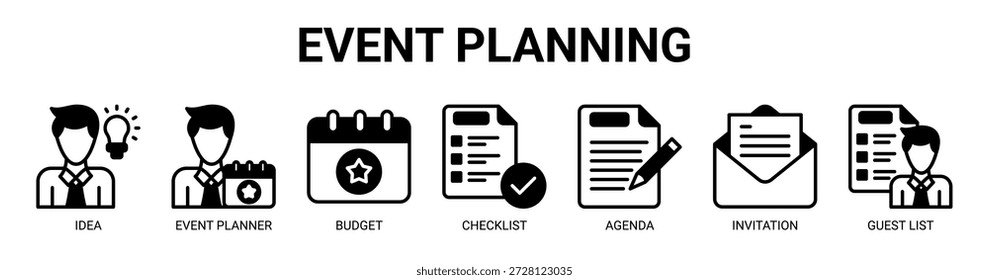 Event Planning Webbanner Symbol Vektorgrafik-Konzept mit Icon der Idee, Veranstaltungsplaner, Budget, Checkliste, Agenda, Einladung und Gästeliste.