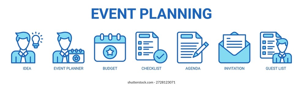 Event Planning Webbanner Symbol Vektorgrafik-Konzept mit Icon der Idee, Veranstaltungsplaner, Budget, Checkliste, Agenda, Einladung und Gästeliste.