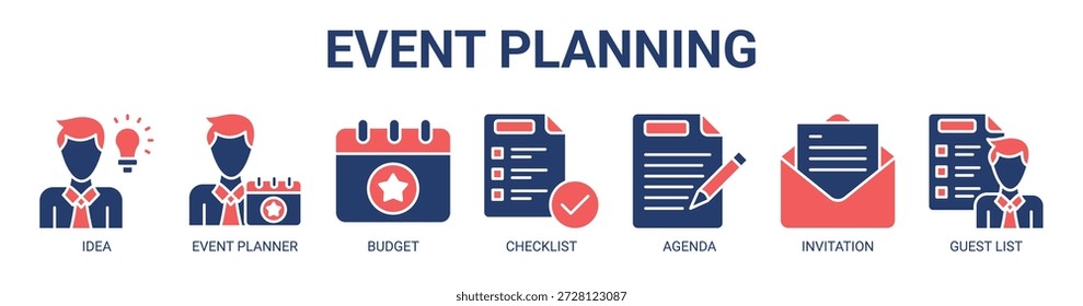 Event Planning Webbanner Symbol Vektorgrafik-Konzept mit Icon der Idee, Veranstaltungsplaner, Budget, Checkliste, Agenda, Einladung und Gästeliste.