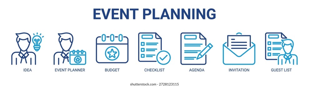 Event Planning Webbanner Symbol Vektorgrafik-Konzept mit Icon der Idee, Veranstaltungsplaner, Budget, Checkliste, Agenda, Einladung und Gästeliste.