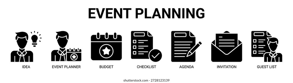 Event Planning Webbanner Symbol Vektorgrafik-Konzept mit Icon der Idee, Veranstaltungsplaner, Budget, Checkliste, Agenda, Einladung und Gästeliste.