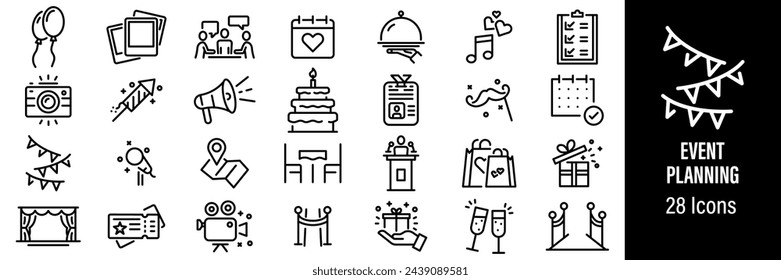 Iconos web de planificación de eventos. Pastel de cumpleaños, Registro, Decoración, Entretenimiento, Celebración. Vector en iconos de estilo de línea