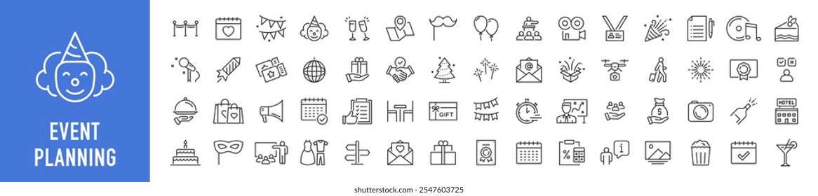 Event planning web icons in line style. Management, catering, registration, wedding, coordination, entertainment, invitations, logistics,  collection. Vector illustration.