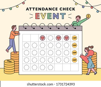 Event Point Event Poster. Small people around a huge calendar. flat design style minimal vector illustration.