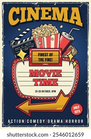 Afiche de un evento para un cine que muestra el tiempo de la película. Cuenta con bebidas de palomitas de maíz y Elementos de cine que invitan a los huéspedes a disfrutar de varios géneros de cine.