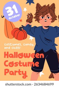 Event poster design of Halloween party with costume contest. Promotion template of child Helloween carnival. Advertising layout of masquerade with kid wearing suit of wolf. Flat vector illustration