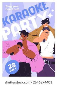 Event poster design of karaoke party. Template of music amusement with happy people singing with microphones. Advertising layout, with friends, singers perform songs with mic. Flat vector illustration