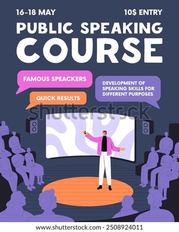 Event poster design of lecturer performance. Advertising of public speaking courses. Template of educational meeting, seminar promotion. Presenter shows for crowd, audience. Flat vector illustration