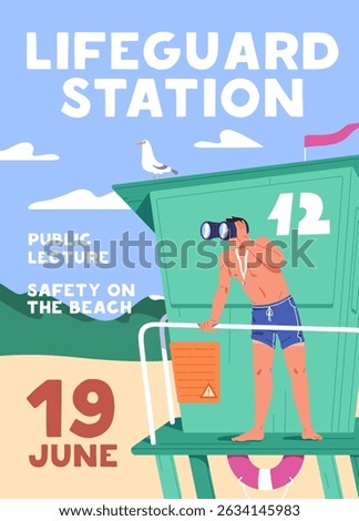 Event poster design of lifeguard training. Promotion template of lecture about rescue on water. Life guard observes with binoculars. Advertising of safety on beach and sea. Flat vector illustration
