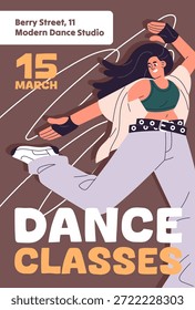 Diseño de cartel de evento de estudio de baile moderno. Plantilla publicitaria de la escuela de bailarines. Diseño de promoción de breakdance o clase de hip hop. Mujer feliz se mueve con la música en la fiesta. Ilustración vectorial plana