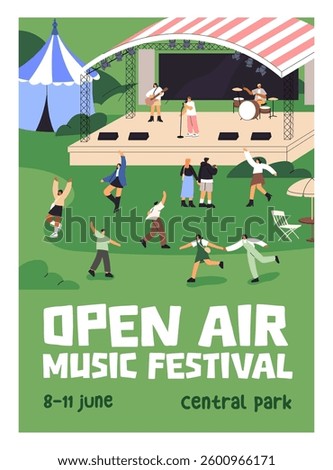 Event poster design of open air music festival in park. Promotion template of concert with dancing audience near stage. Advertising layout of summer performance outdoors. Flat vector illustration