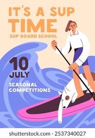 Diseño de cartel de evento de sup boarding, competiciones de surf. Publicidad de la escuela de deportes, lecciones. Promoción Plantilla de la enseñanza para montar en tabla de surf, remando en tabla de supboard. Ilustración vectorial plana