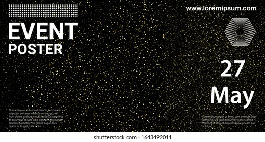 Event poster. Gold glitter texture. Golden abstract particles. Sparkle glitter background. Vector illustration. Golden confetti.