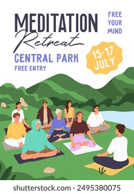 Event poster of group meditation outdoor. Promotion of yoga lessons in park. Advertising of retreat with practices of breathing, mental balance, mindfulness exercises. Flat vector illustration