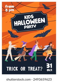 Afiche del evento de la fiesta de Halloween de los niños. Plantilla de promoción de la mascarada de Helloween. Publicidad del feriado de octubre. Niños felices disfrazados de carnaval van a trucos o golosinas. Ilustración vectorial plana