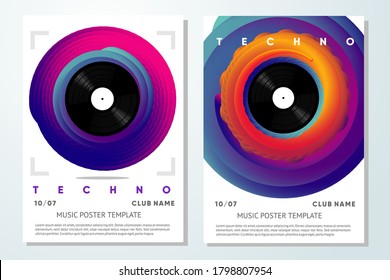 Event poster for music festival. Vinyl record with twisted color gradient. Night club flyer template. Vector background.