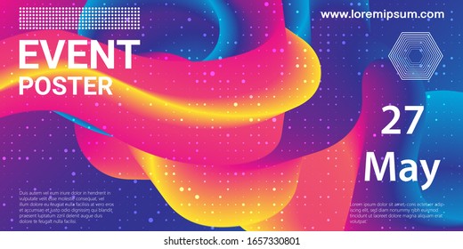 Event poster. Party background. Fluid flow. Futuristic composition. Liquid shapes. Abstract cover design. Vector illustration.