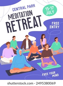 Event poster of retreat meditation. Promotion design of group practices of balance, mindfulness. Template of advertising of yoga lessons, breathing exercise in lotus asana. Flat vector illustration