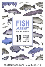 Cartaz do evento do mercado de comida do mar com impressão de diferentes espécies de peixes. Design de publicidade de venda em estilo vintage desenhado à mão com salmão realista, lúcio, atum, bagre. Ilustração de vetor plano