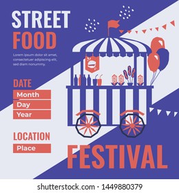 Event poster of street food festival. Vector illustration of fast food store on wheels. Cart with drink, burger,pizza, popcorn. Design template with for banner,invitation, advert,print, flyer, booklet