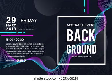 Event Poster Template. blue dark flyer. Club music design template on dark blue colorful background. Illuminated Stage. line wave colorful dynamic flow. black background