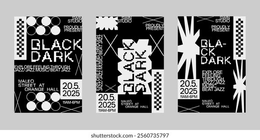 Event poster vector set. Brutalism poster set, Streetwear poster bundle. Futuristic poster flyer for print. Modern brochure for print. Retrofuturism graphic for promo event and music. 