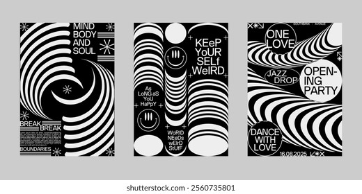 Event poster vector set. Brutalism poster set, Streetwear poster bundle. Futuristic poster flyer for print. Modern brochure for print. Retrofuturism graphic for promo event and music. 