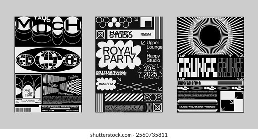 Event poster vector set. Brutalism poster set, Streetwear poster bundle. Futuristic poster flyer for print. Modern brochure for print. Retrofuturism graphic for promo event and music. 