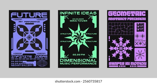 Event poster vector set. Brutalism poster set, Streetwear poster bundle. Futuristic poster flyer for print. Modern brochure for print. Retrofuturism graphic for promo event and music. 