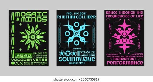 Event poster vector set. Brutalism poster set, Streetwear poster bundle. Futuristic poster flyer for print. Modern brochure for print. Retrofuturism graphic for promo event and music. 