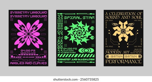 Event poster vector set. Brutalism poster set, Streetwear poster bundle. Futuristic poster flyer for print. Modern brochure for print. Retrofuturism graphic for promo event and music. 