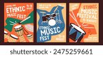 Event posters of ethnic music festival set. Promotion of concert with playing African bongos, djembe. Advertising of performance with percussion instruments, drum kit. Flat vector illustrations