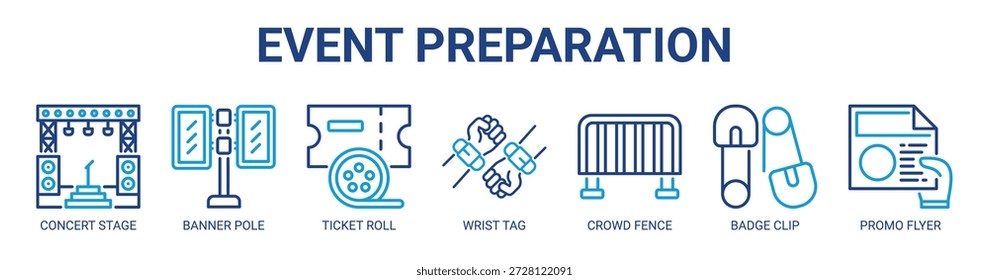 Event Preparation web banner icon vector illustration concept with icon of concert stage, banner pole, ticket roll, wrist tag, crowd fence, badge clip, promo flyer.