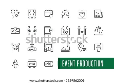 Event Production line icon. Featuring registration, schedule, plan, mask, day, ticket, meeting, organization. Minimal icons. Vector icons editable stroke.