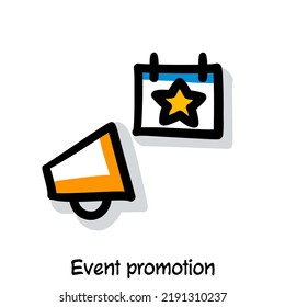 
Event promotion scribing, sketchnoting visual note icon. Minimal vector illustration. Editable outline, color, shadows. Infographics doodle symbol easy to redraw by hand