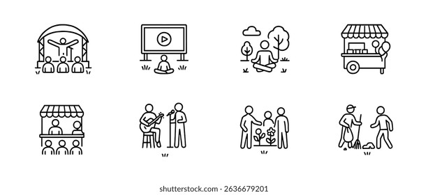 Event, recreation line, outline icon set. festival, community gathering icons collection