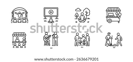 Event, recreation line, outline icon set. festival, community gathering icons collection