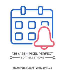 Event reminder two color line icon. Calendar with bell. Updates alert. Deadline notification bicolor outline symbol. Duotone linear pictogram. Isolated illustration. Editable stroke