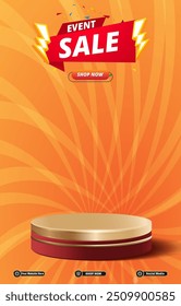 event sale discount portait template banner with blank space 3d podium for social media post product sale with abstract gradient orange background design 16