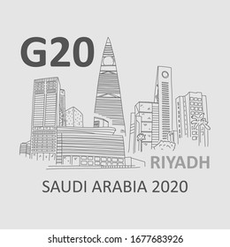 Event in Saudi Arabia G20 town Riyadh, sketch. Summit leaders to be held in Riyadh November 2020. Protection global commons. Responsibility to world for overcoming problems. Vector illustration.