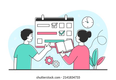 Event schedule concept. Man and girl make notes on calendar. Planning and prioritization, time management. Employees fulfill their goals, busy and responsible persons. Cartoon flat vector illustration