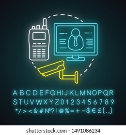 Event security neon light concept icon. Video surveillance and professional monitoring system idea. CCTV. Safety, high protection. Glowing alphabet, numbers and symbols. Vector isolated illustration