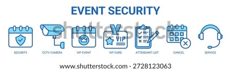 Event Security web banner icon vector illustration concept with icon of security, cctv camera, vip event, vip card, attendant list, cancel, and service.