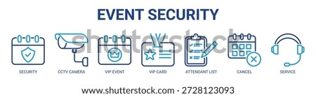 Event Security web banner icon vector illustration concept with icon of security, cctv camera, vip event, vip card, attendant list, cancel, and service.