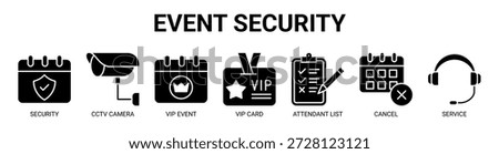 Event Security web banner icon vector illustration concept with icon of security, cctv camera, vip event, vip card, attendant list, cancel, and service.