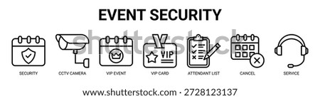 Event Security web banner icon vector illustration concept with icon of security, cctv camera, vip event, vip card, attendant list, cancel, and service.