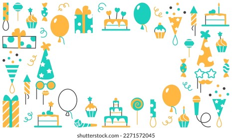 Event-Service-Hintergrund mit Textbereich. Horizontale Geburtstagsfeier-Fest Fest-Banner mit lustigen Farben flach Linie abstrakte Elemente Kuchen-Ballons, die muffin candy Vektorgrafik.
