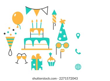 Event service business card template. Holiday Birthday, party store visit card design. Color celebration background with flat line abstract elements for carnival festival. Minimal vector illustration.
